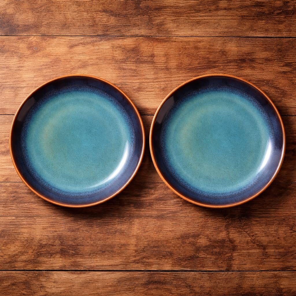 Kunhar Ceramic Dinner Plates Set of 2, 10 Inch | Blue Green Rustic Glaze with Dark Brown Rim | Premium Stoneware | Microwave & Dishwasher Safe | Serving Plates for Dinner, Pasta & Salad