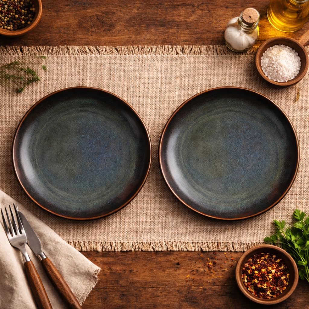 Kunhar Deep Pasta Plates Set of 2, 10 Inch | Ocean Teal Reactive Glaze with Dark Brown Rim | Premium Stoneware | Microwave & Dishwasher Safe | Deep Serving Plates for Pasta, Salad & Dinner