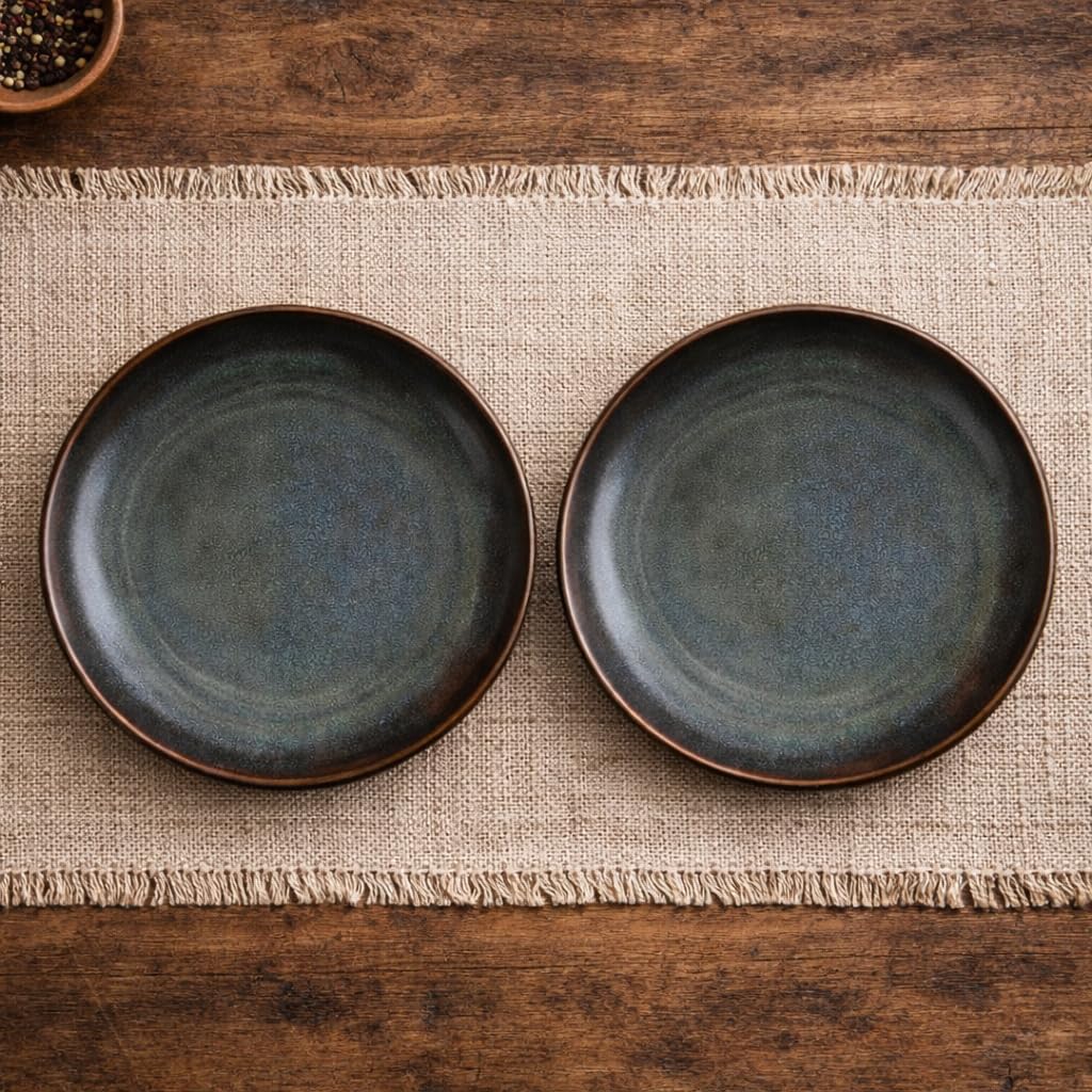 Kunhar Deep Pasta Plates Set of 2, 10 Inch | Ocean Teal Reactive Glaze with Dark Brown Rim | Premium Stoneware | Microwave & Dishwasher Safe | Deep Serving Plates for Pasta, Salad & Dinner