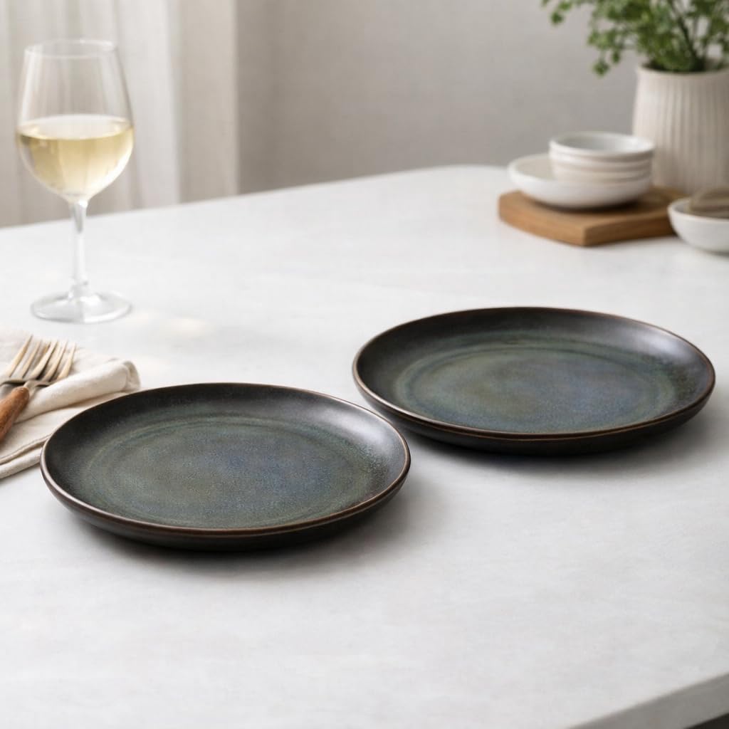 Kunhar Deep Pasta Plates Set of 2, 10 Inch | Ocean Teal Reactive Glaze with Dark Brown Rim | Premium Stoneware | Microwave & Dishwasher Safe | Deep Serving Plates for Pasta, Salad & Dinner