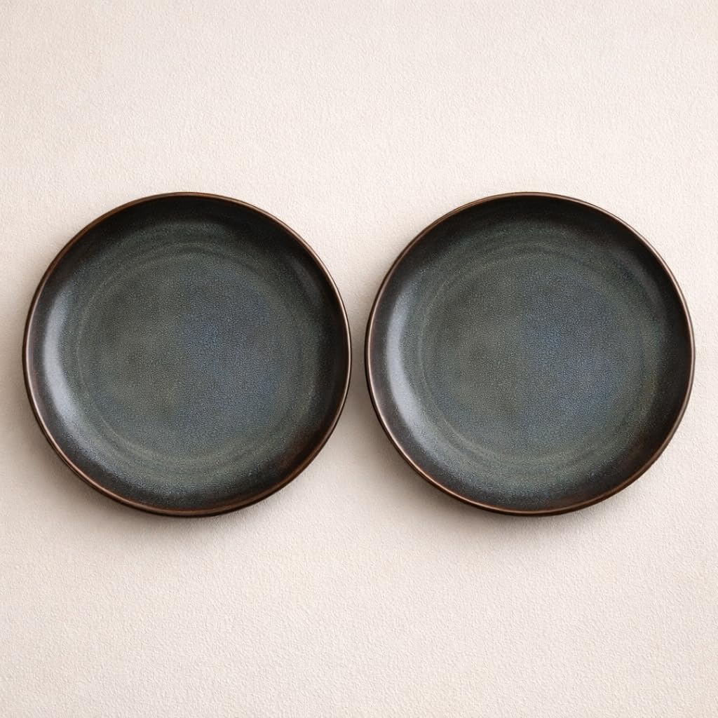 Kunhar Deep Pasta Plates Set of 2, 10 Inch | Ocean Teal Reactive Glaze with Dark Brown Rim | Premium Stoneware | Microwave & Dishwasher Safe | Deep Serving Plates for Pasta, Salad & Dinner