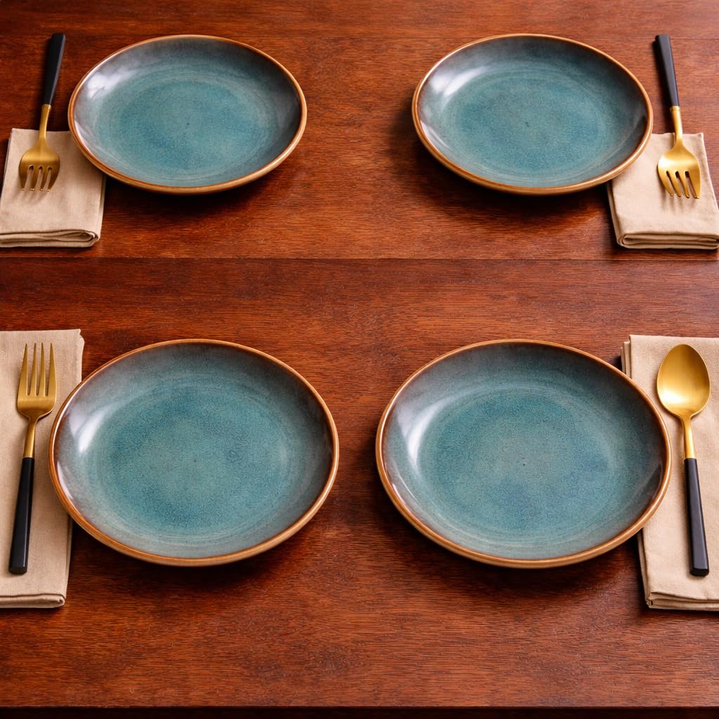 Kunhar Ceramic Dinner Plates Set of 4, 10 Inch | Ocean Teal Reactive Glaze with Brown Rim | Premium Stoneware | Microwave & Dishwasher Safe | Serving Plates for Dinner, Pasta & Salad