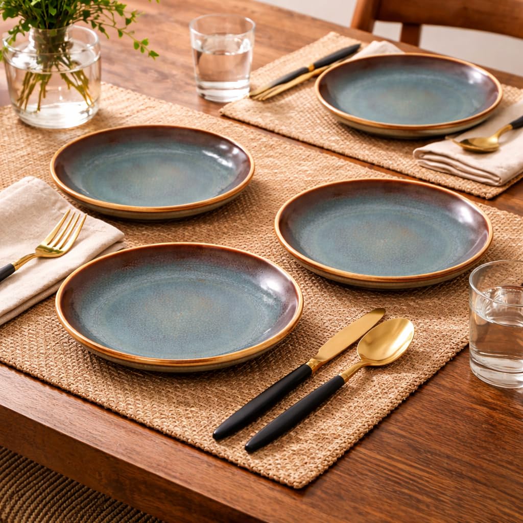 Kunhar Ceramic Dinner Plates Set of 4, 10 Inch | Ocean Teal Reactive Glaze with Brown Rim | Premium Stoneware | Microwave & Dishwasher Safe | Serving Plates for Dinner, Pasta & Salad