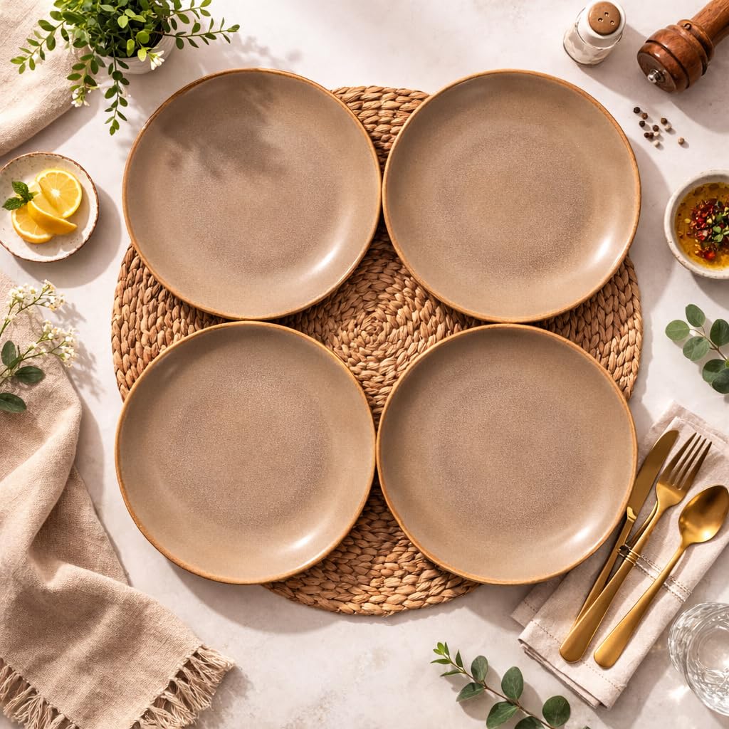 Kunhar Ceramic Dinner Plates Set of 4, 10 Inch | Rustic Ivory Speckled Finish with Brown Rim | Premium Glazed Stoneware | Microwave & Dishwasher Safe | Dinner, Pasta & Salad Serving Plates