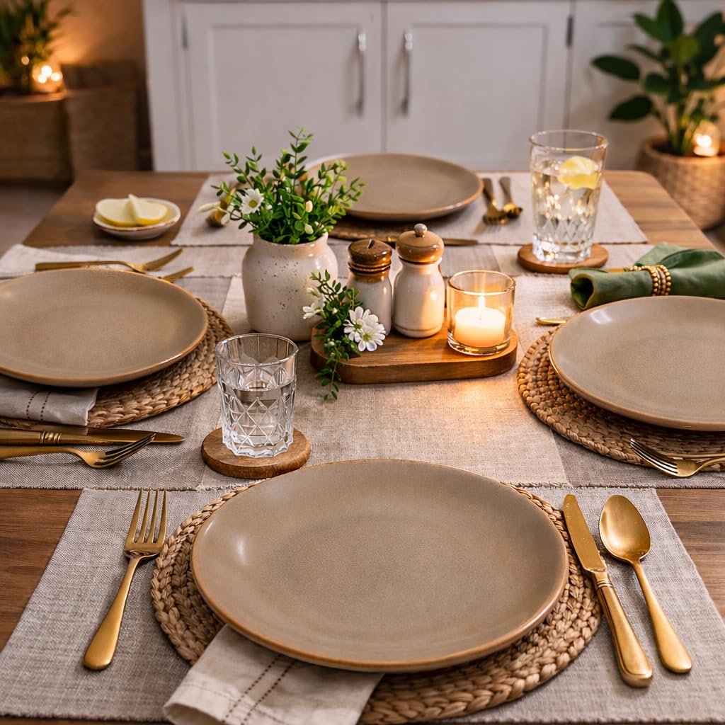 Kunhar Ceramic Dinner Plates Set of 4, 10 Inch | Rustic Ivory Speckled Finish with Brown Rim | Premium Glazed Stoneware | Microwave & Dishwasher Safe | Dinner, Pasta & Salad Serving Plates