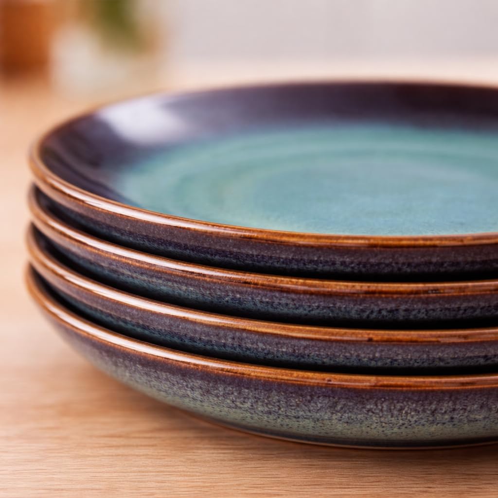 Kunhar Ceramic Dinner Plates Set of 4, 10 Inch | Blue Green Rustic Glaze with Dark Brown Rim | Premium Stoneware | Microwave & Dishwasher Safe | Serving Plates for Dinner, Pasta & Salad