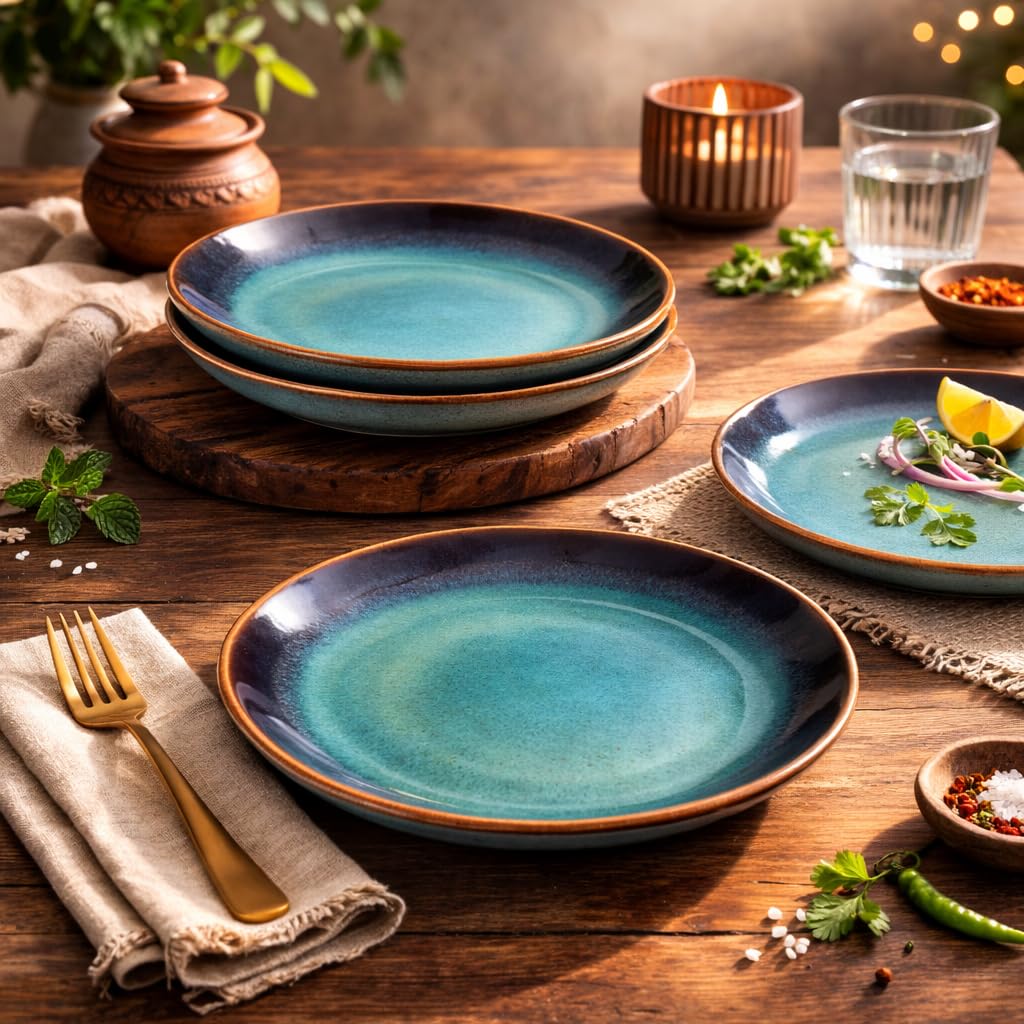 Kunhar Ceramic Dinner Plates Set of 4, 10 Inch | Blue Green Rustic Glaze with Dark Brown Rim | Premium Stoneware | Microwave & Dishwasher Safe | Serving Plates for Dinner, Pasta & Salad