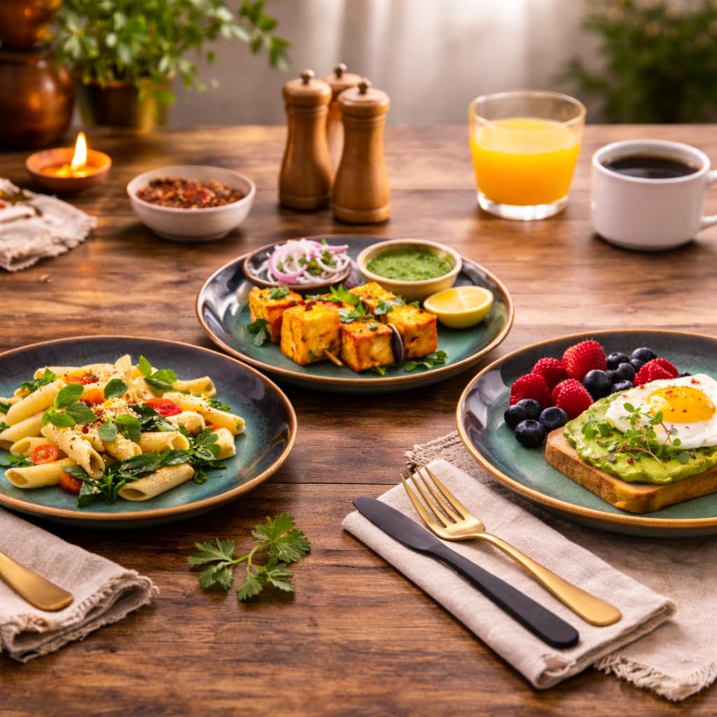 Kunhar Ceramic Dinner Plates Set of 4, 10 Inch | Blue Green Rustic Glaze with Dark Brown Rim | Premium Stoneware | Microwave & Dishwasher Safe | Serving Plates for Dinner, Pasta & Salad