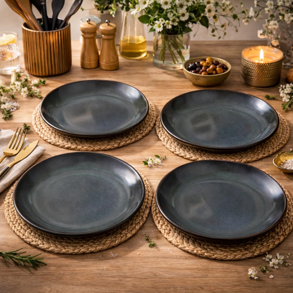 Kunhar Deep Pasta Plates Set of 4, 10 Inch | Ocean Teal Reactive Glaze with Dark Brown Rim | Premium Stoneware | Microwave & Dishwasher Safe | Deep Serving Plates for Pasta, Salad & Dinner