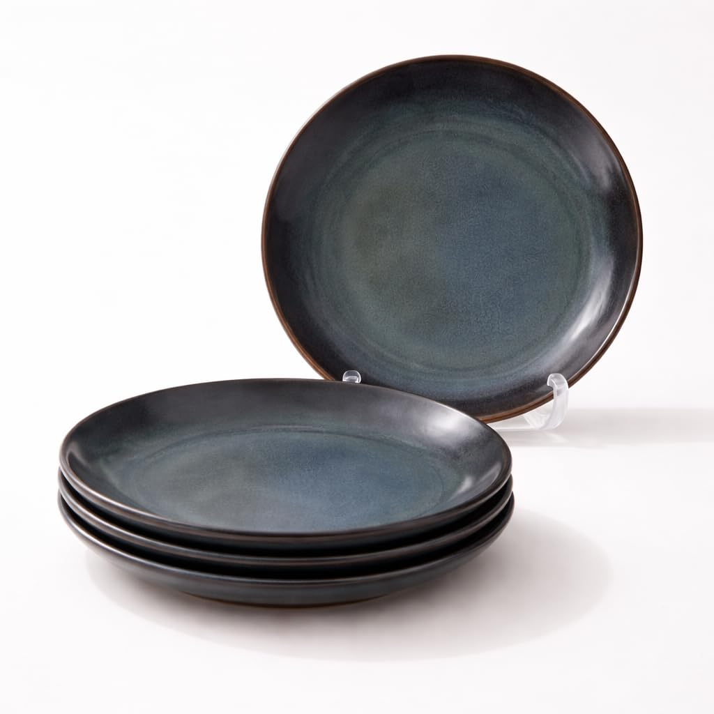 Kunhar Deep Pasta Plates Set of 4, 10 Inch | Ocean Teal Reactive Glaze with Dark Brown Rim | Premium Stoneware | Microwave & Dishwasher Safe | Deep Serving Plates for Pasta, Salad & Dinner