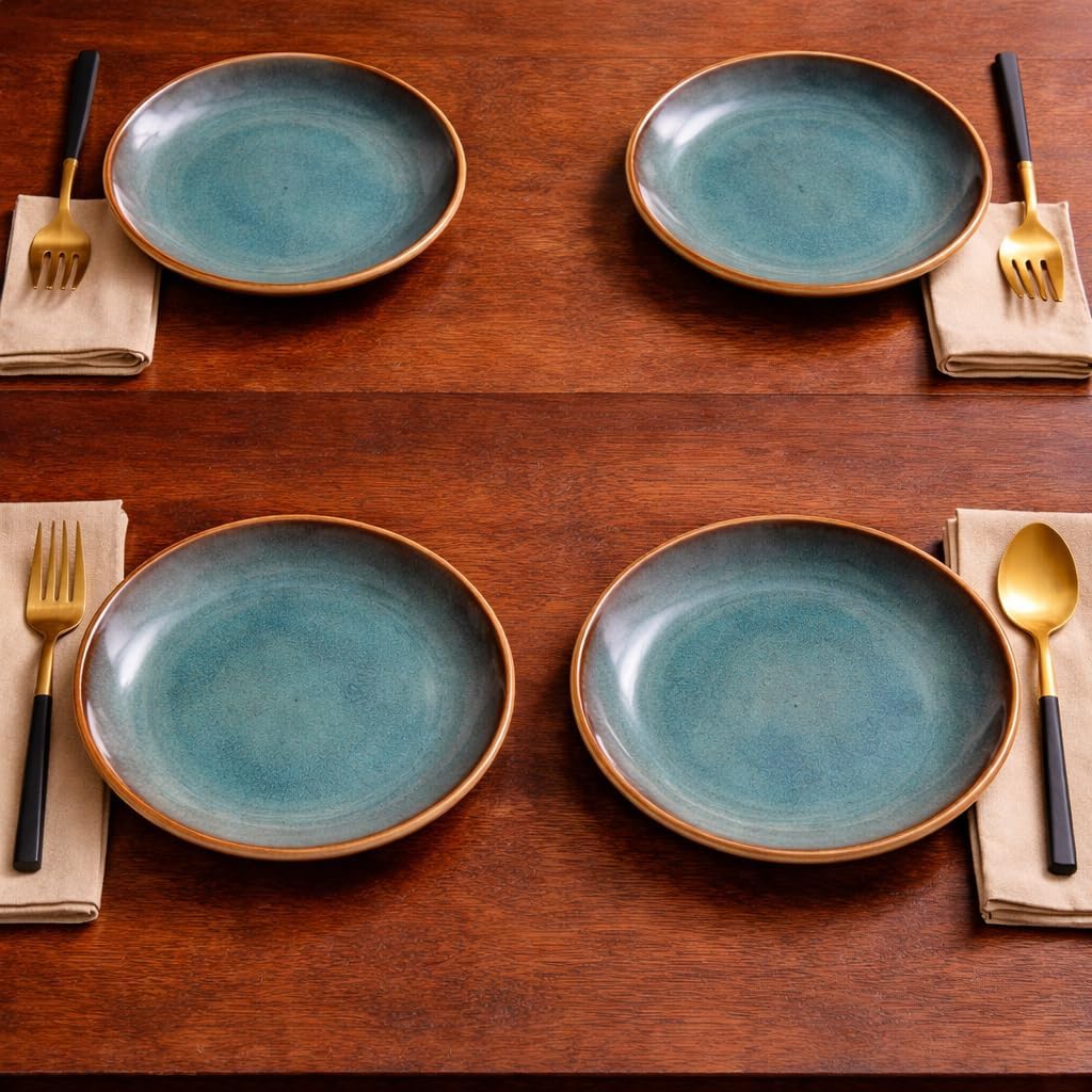 Kunhar Ceramic Dessert & Snack Plates Set of 4, 7 Inch | Ocean Teal Reactive Glaze with Brown Rim | Premium Stoneware | Microwave & Dishwasher Safe | Small Plates for Snacks, Salad & Breakfast