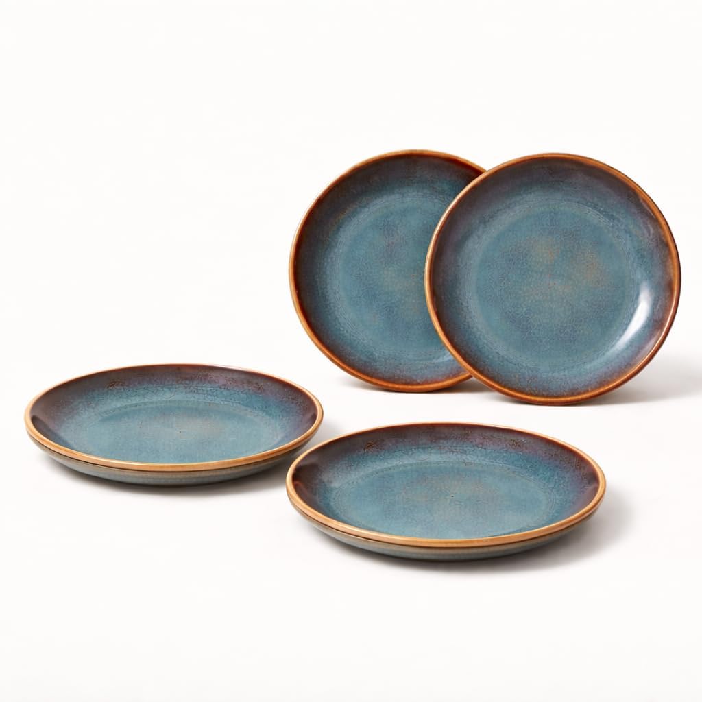 Kunhar Ceramic Dessert & Snack Plates Set of 4, 7 Inch | Ocean Teal Reactive Glaze with Brown Rim | Premium Stoneware | Microwave & Dishwasher Safe | Small Plates for Snacks, Salad & Breakfast