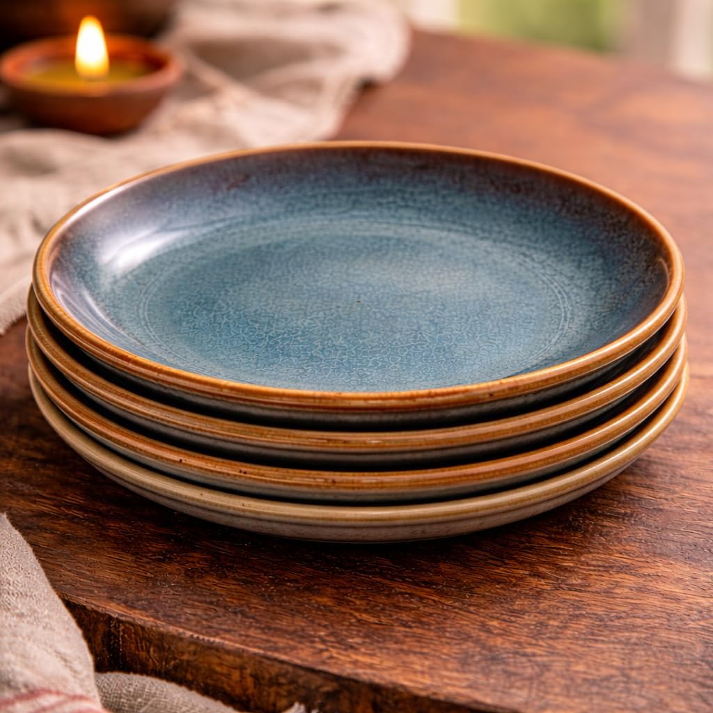 Kunhar Ceramic Dessert & Snack Plates Set of 4, 7 Inch | Ocean Teal Reactive Glaze with Brown Rim | Premium Stoneware | Microwave & Dishwasher Safe | Small Plates for Snacks, Salad & Breakfast