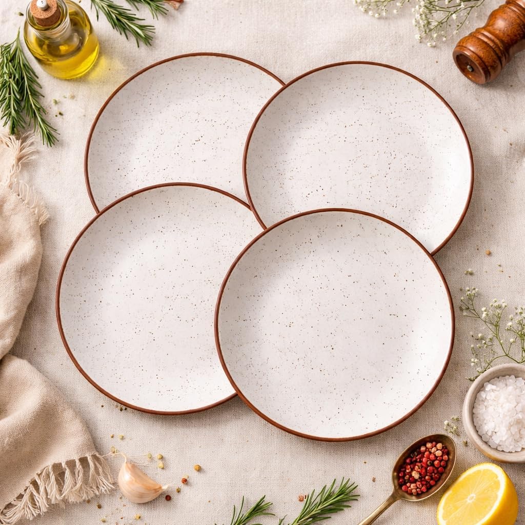 Kunhar Ceramic Dinner Plates 7 Inch Set of 4 | Rustic Ivory Speckled Finish | Premium Glazed Stoneware | Microwave & Dishwasher Safe | Serving Plates for Dinner, Pasta & Salad