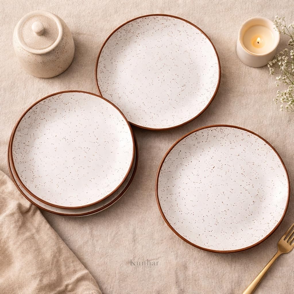 Kunhar Ceramic Dinner Plates 7 Inch Set of 4 | Rustic Ivory Speckled Finish | Premium Glazed Stoneware | Microwave & Dishwasher Safe | Serving Plates for Dinner, Pasta & Salad