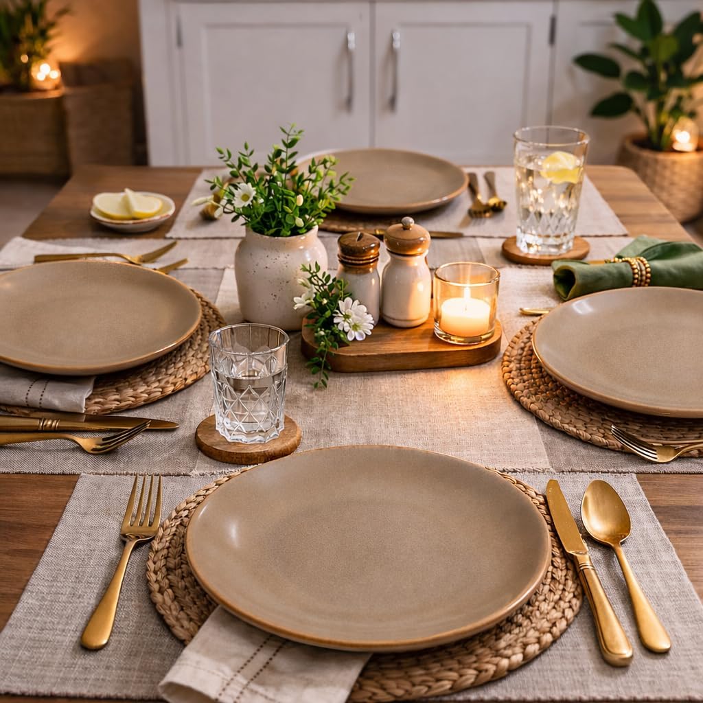 Kunhar Ceramic Dinner Plates Set of 4, 7 Inch | Rustic Ivory Speckled Finish with Brown Rim | Premium Glazed Stoneware | Microwave & Dishwasher Safe | Dinner, Pasta & Salad Serving Plates