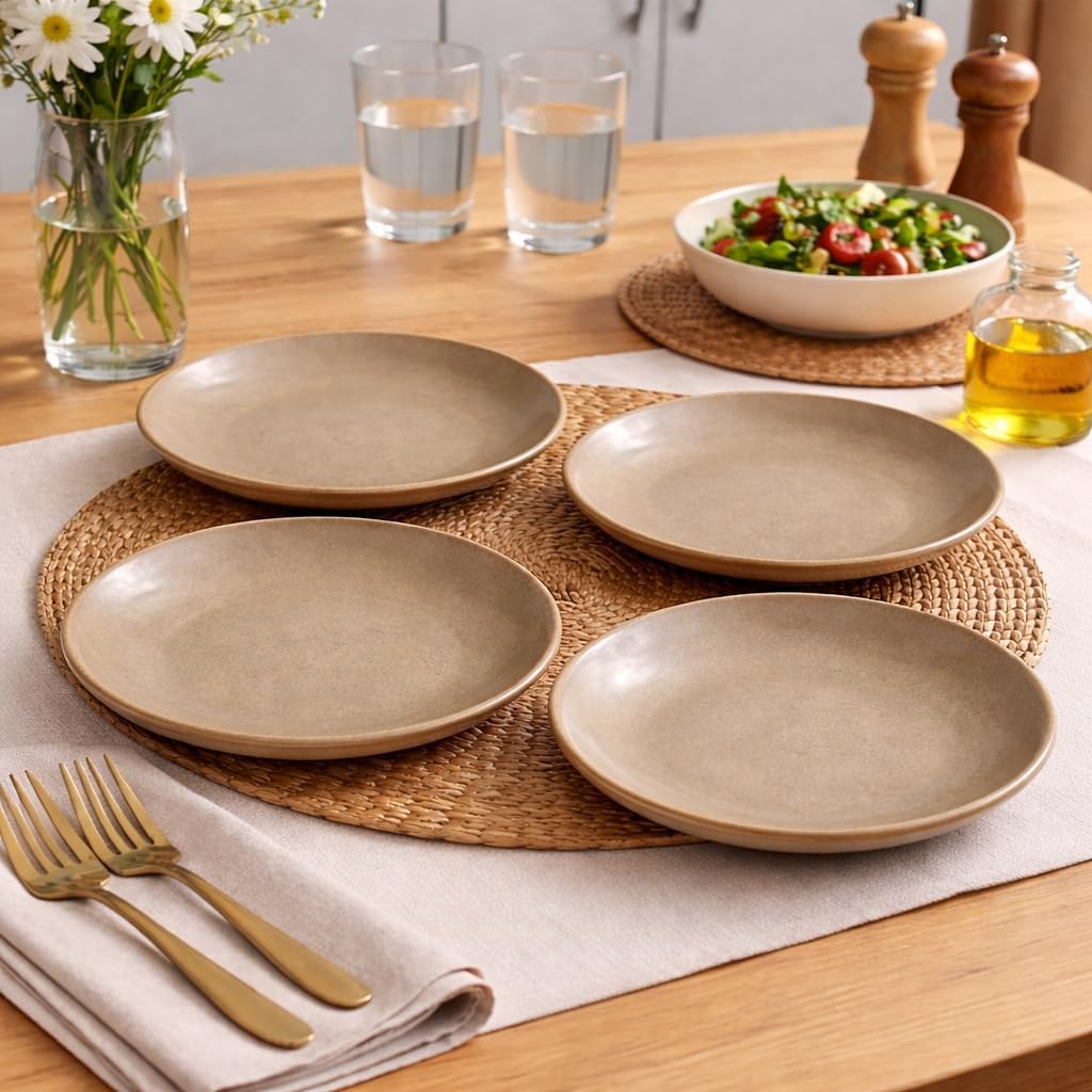 Kunhar Ceramic Dinner Plates Set of 4, 7 Inch | Rustic Ivory Speckled Finish with Brown Rim | Premium Glazed Stoneware | Microwave & Dishwasher Safe | Dinner, Pasta & Salad Serving Plates