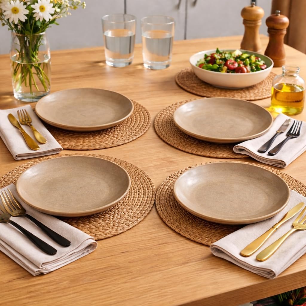 Kunhar Ceramic Dinner Plates Set of 4, 7 Inch | Rustic Ivory Speckled Finish with Brown Rim | Premium Glazed Stoneware | Microwave & Dishwasher Safe | Dinner, Pasta & Salad Serving Plates