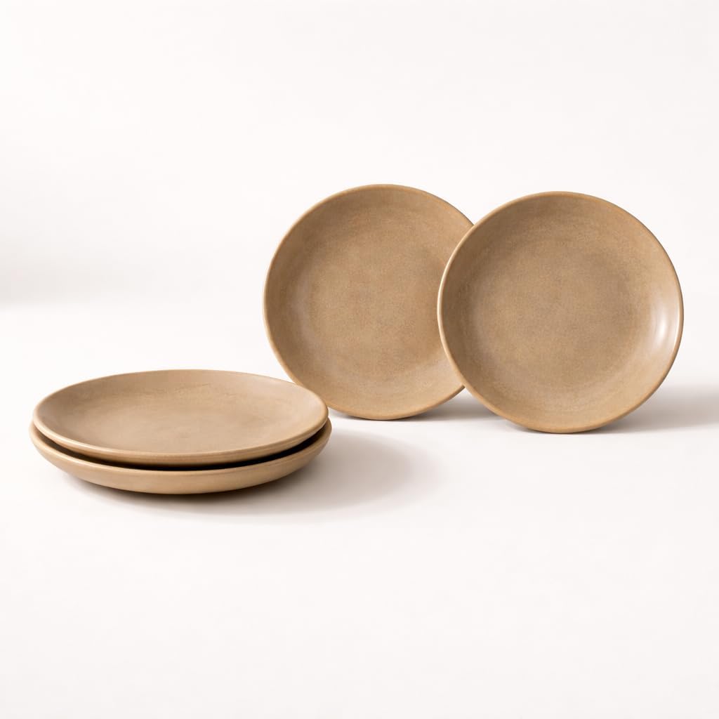 Kunhar Ceramic Dinner Plates Set of 4, 7 Inch | Rustic Ivory Speckled Finish with Brown Rim | Premium Glazed Stoneware | Microwave & Dishwasher Safe | Dinner, Pasta & Salad Serving Plates