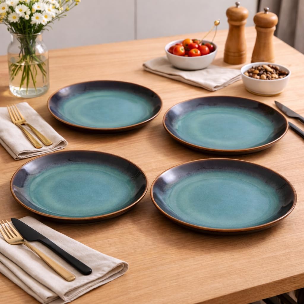 Kunhar Ceramic Dinner Plates Set of 4, 7 Inch | Blue Green Rustic Glaze with Dark Brown Rim | Premium Stoneware | Microwave & Dishwasher Safe | Serving Plates for Dinner, Pasta & Salad