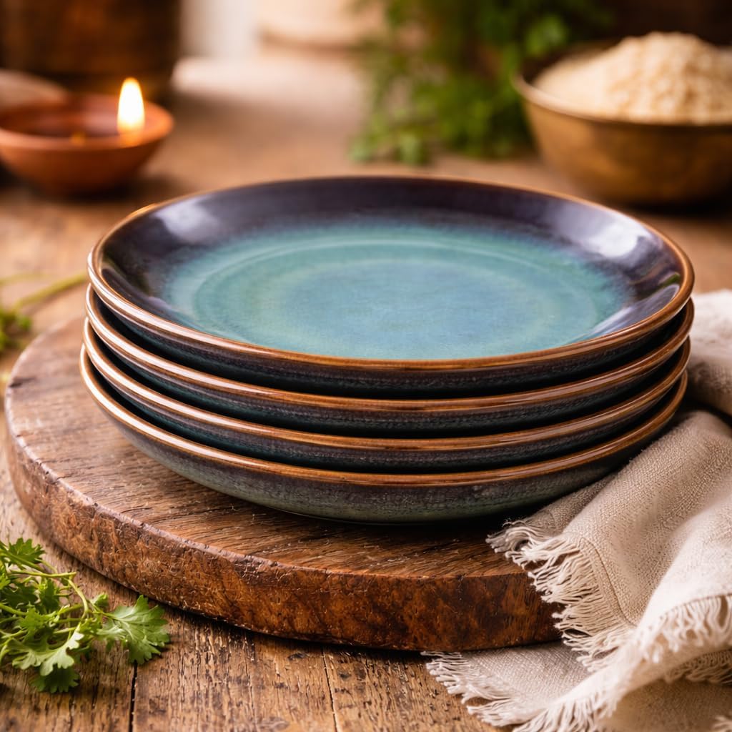 Kunhar Ceramic Dinner Plates Set of 4, 7 Inch | Blue Green Rustic Glaze with Dark Brown Rim | Premium Stoneware | Microwave & Dishwasher Safe | Serving Plates for Dinner, Pasta & Salad