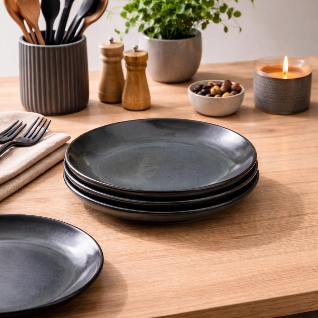 Kunhar Deep Pasta Plates Set of 4, 7 Inch | Ocean Teal Reactive Glaze with Dark Brown Rim | Premium Stoneware | Microwave & Dishwasher Safe | Deep Serving Plates for Pasta, Salad & Dinner