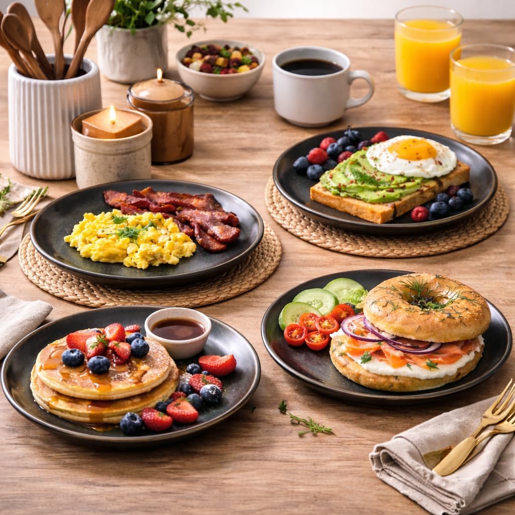 Kunhar Deep Pasta Plates Set of 4, 7 Inch | Ocean Teal Reactive Glaze with Dark Brown Rim | Premium Stoneware | Microwave & Dishwasher Safe | Deep Serving Plates for Pasta, Salad & Dinner