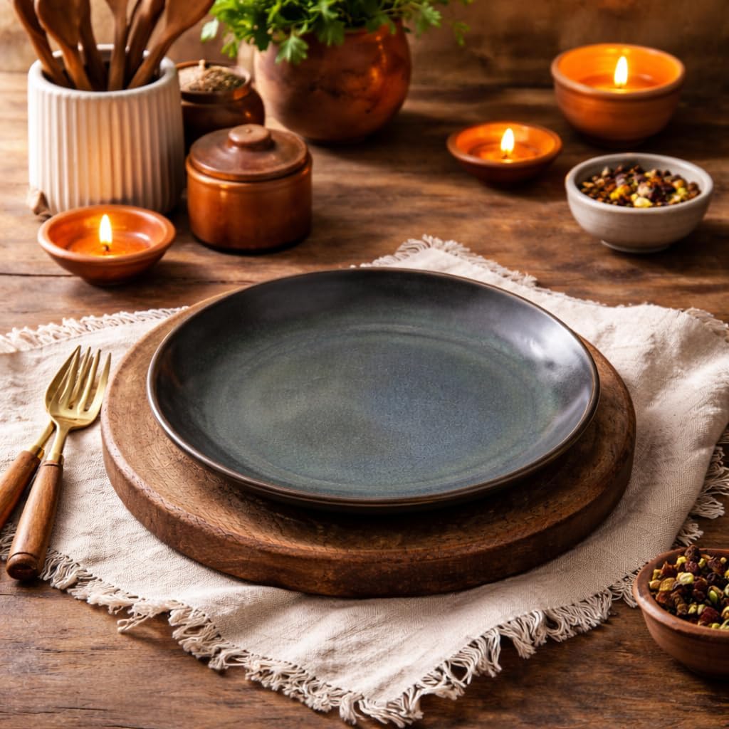 Kunhar Deep Pasta Plates Set of 4, 7 Inch | Ocean Teal Reactive Glaze with Dark Brown Rim | Premium Stoneware | Microwave & Dishwasher Safe | Deep Serving Plates for Pasta, Salad & Dinner