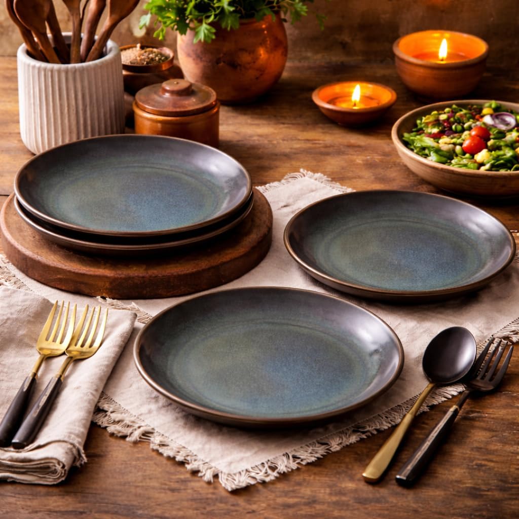 Kunhar Deep Pasta Plates Set of 4, 7 Inch | Ocean Teal Reactive Glaze with Dark Brown Rim | Premium Stoneware | Microwave & Dishwasher Safe | Deep Serving Plates for Pasta, Salad & Dinner