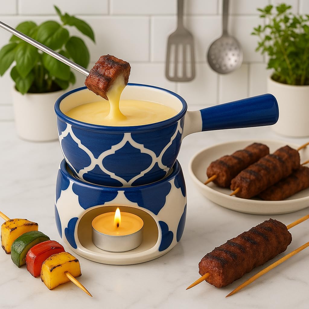 KunhaR Ceramic Fondue Set with Tea Light, 2 Pieces (Blue)