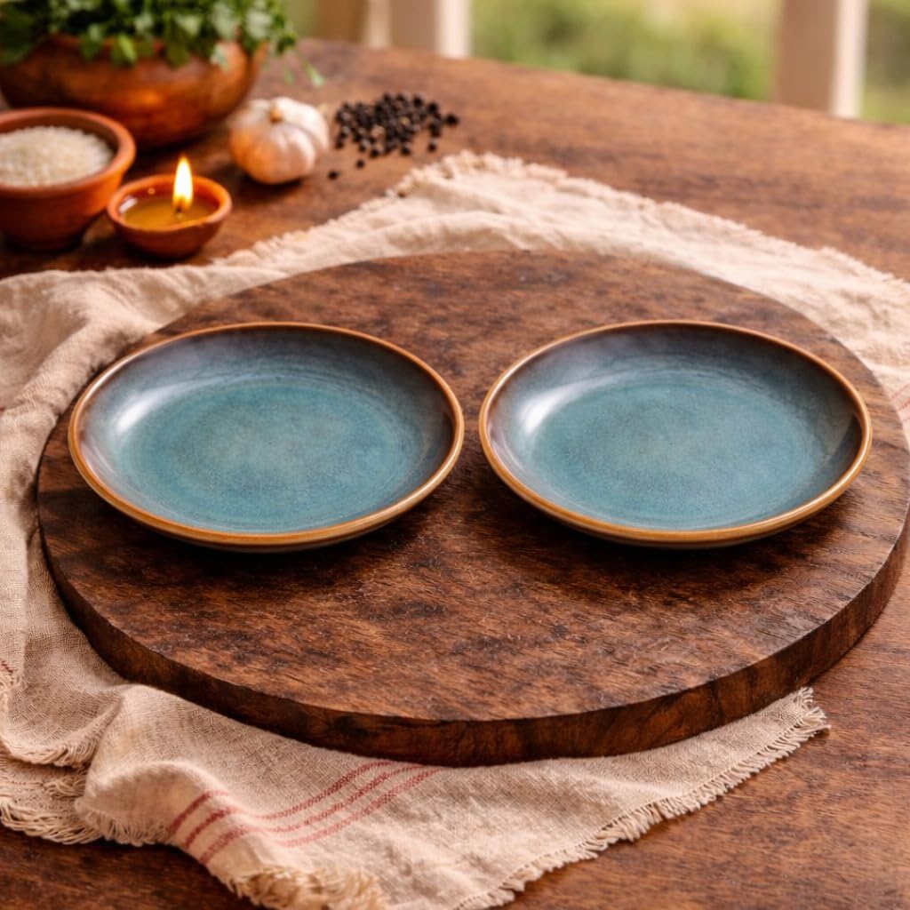 Kunhar Ceramic Dinner Plates Set of 2, 10 Inch | Ocean Teal Reactive Glaze with Brown Rim | Premium Stoneware | Microwave & Dishwasher Safe | Serving Plates for Dinner, Pasta & Salad
