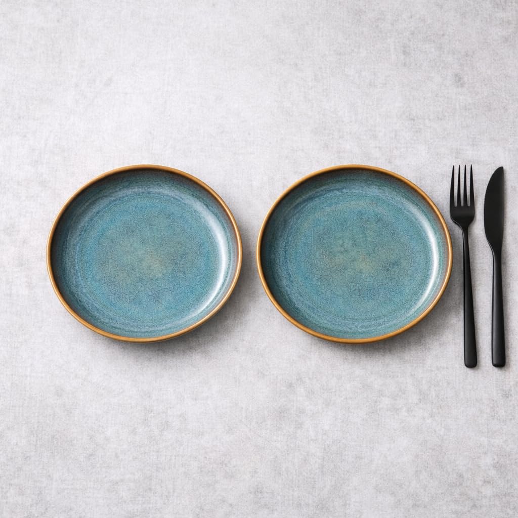 Kunhar Ceramic Dinner Plates Set of 2, 10 Inch | Ocean Teal Reactive Glaze with Brown Rim | Premium Stoneware | Microwave & Dishwasher Safe | Serving Plates for Dinner, Pasta & Salad