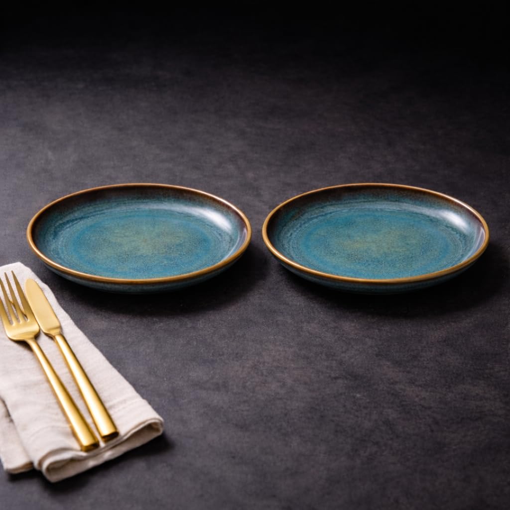 Kunhar Ceramic Dinner Plates Set of 2, 10 Inch | Ocean Teal Reactive Glaze with Brown Rim | Premium Stoneware | Microwave & Dishwasher Safe | Serving Plates for Dinner, Pasta & Salad