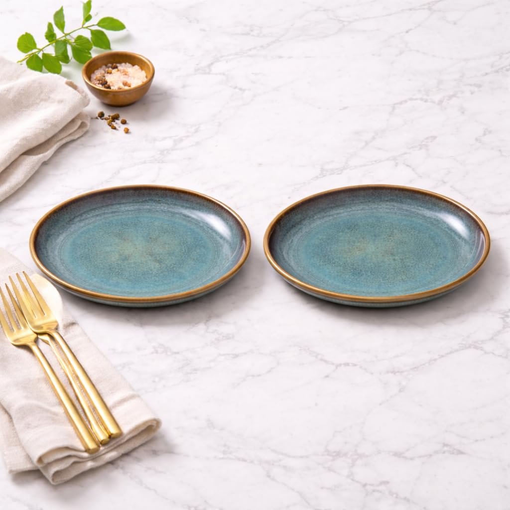 Kunhar Ceramic Dinner Plates Set of 2, 10 Inch | Ocean Teal Reactive Glaze with Brown Rim | Premium Stoneware | Microwave & Dishwasher Safe | Serving Plates for Dinner, Pasta & Salad