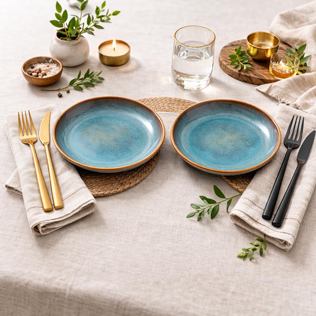 Kunhar Ceramic Dinner Plates Set of 2, 10 Inch | Ocean Teal Reactive Glaze with Brown Rim | Premium Stoneware | Microwave & Dishwasher Safe | Serving Plates for Dinner, Pasta & Salad