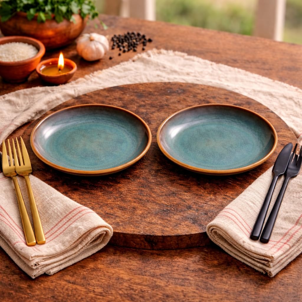 Kunhar Ceramic Dinner Plates Set of 2, 10 Inch | Ocean Teal Reactive Glaze with Brown Rim | Premium Stoneware | Microwave & Dishwasher Safe | Serving Plates for Dinner, Pasta & Salad