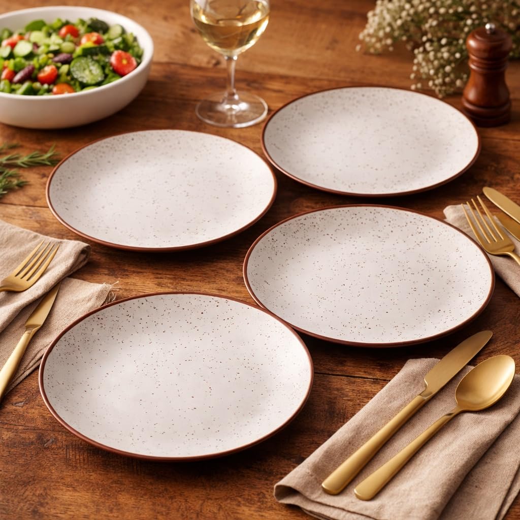 Kunhar Ceramic Dinner Plates 10 Inch Set of 4 | Rustic Ivory Speckled Finish | Premium Glazed Stoneware | Microwave & Dishwasher Safe | Serving Plates for Dinner, Pasta & Salad
