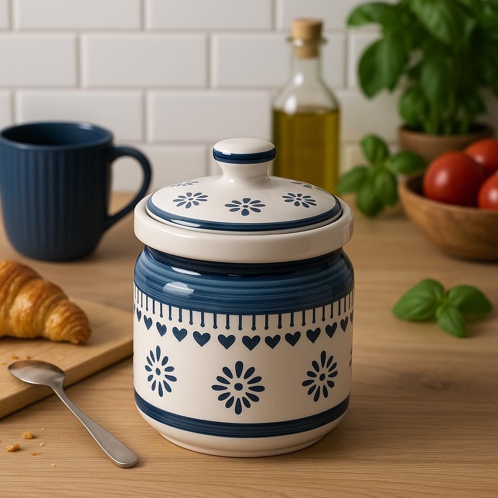 Kunhar Ceramic Storage Jar with Lid, Blue and White Floral Pattern, Traditional Handcrafted Kitchen Container for Pickles, Spices, Sugar, 1000 ML Capacity