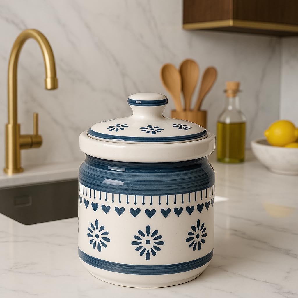 Kunhar Ceramic Storage Jar with Lid, Blue and White Floral Pattern, Traditional Handcrafted Kitchen Container for Pickles, Spices, Sugar, 1000 ML Capacity