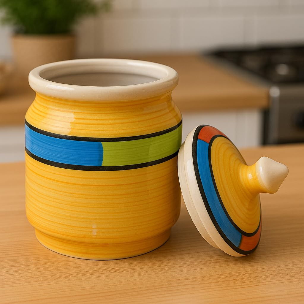 Kunhar Ceramic Jars (600ML) – Handcrafted Multipurpose Barni with Lid for Pickle, Chutney, Spices, Salt, Sugar – Kitchen Storage Containers, Yellow