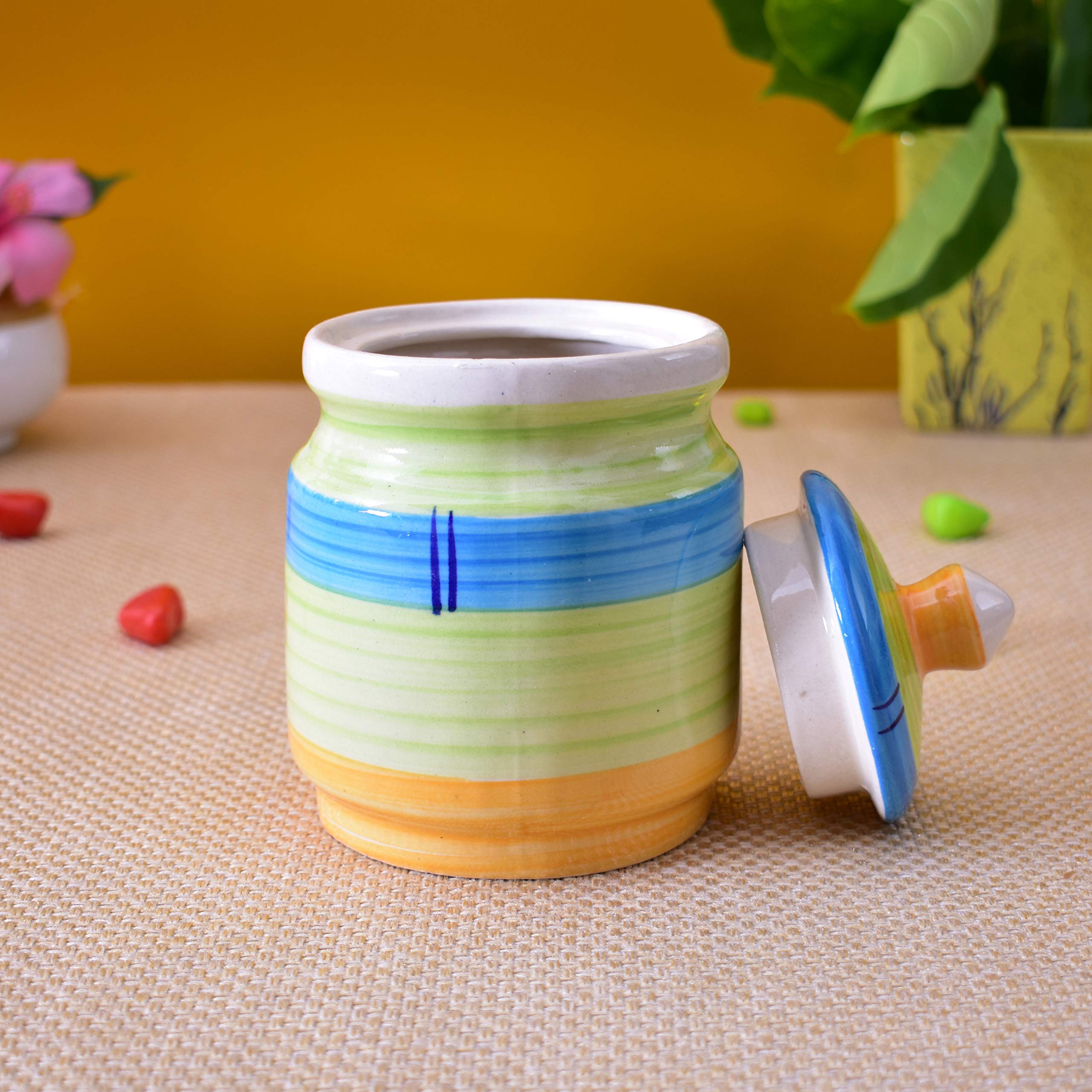 Kunhar Ceramic Jars (600ML) – Handcrafted Multipurpose Barni with Lid for Pickle, Chutney, Spices, Salt, Sugar – Kitchen Storage Containers, Green Yellow