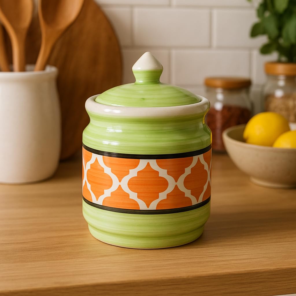 Kunhar Ceramic Jars (600ML) – Handcrafted Multipurpose Barni with Lid for Pickle, Chutney, Spices, Salt, Sugar – Kitchen Storage Containers, Green Orange