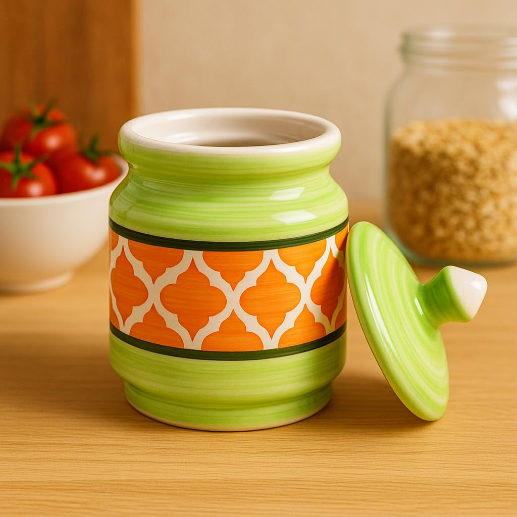Kunhar Ceramic Jars (600ML) – Handcrafted Multipurpose Barni with Lid for Pickle, Chutney, Spices, Salt, Sugar – Kitchen Storage Containers, Green Orange