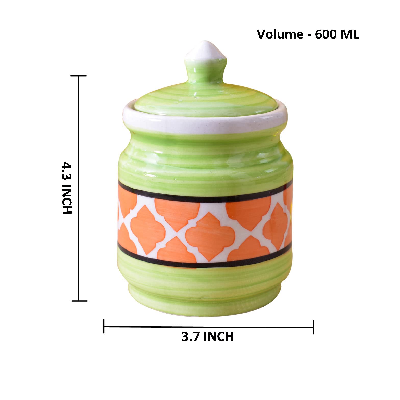 Kunhar Ceramic Jars (600ML) – Handcrafted Multipurpose Barni with Lid for Pickle, Chutney, Spices, Salt, Sugar – Kitchen Storage Containers, Green Orange