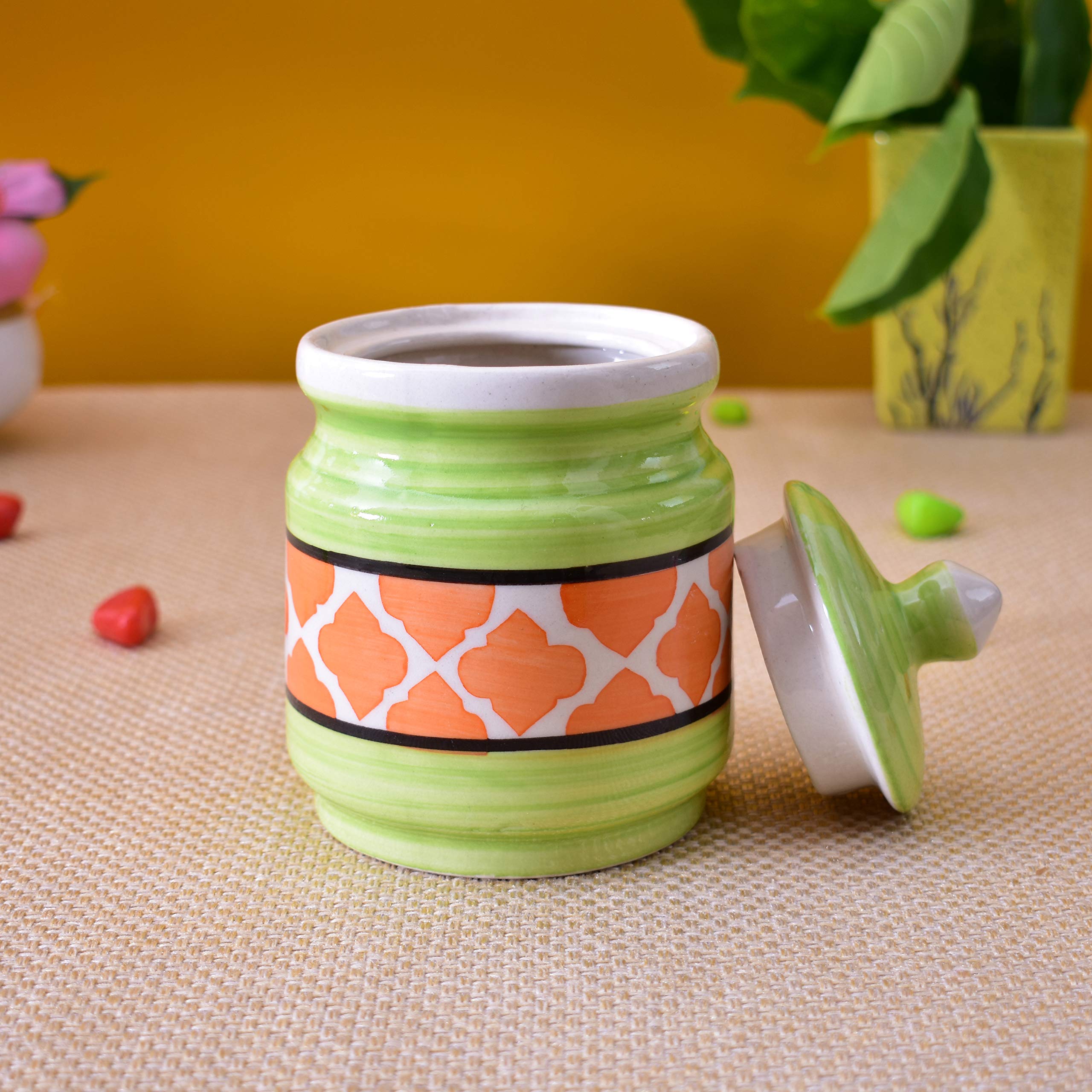 Kunhar Ceramic Jars (600ML) – Handcrafted Multipurpose Barni with Lid for Pickle, Chutney, Spices, Salt, Sugar – Kitchen Storage Containers, Green Orange