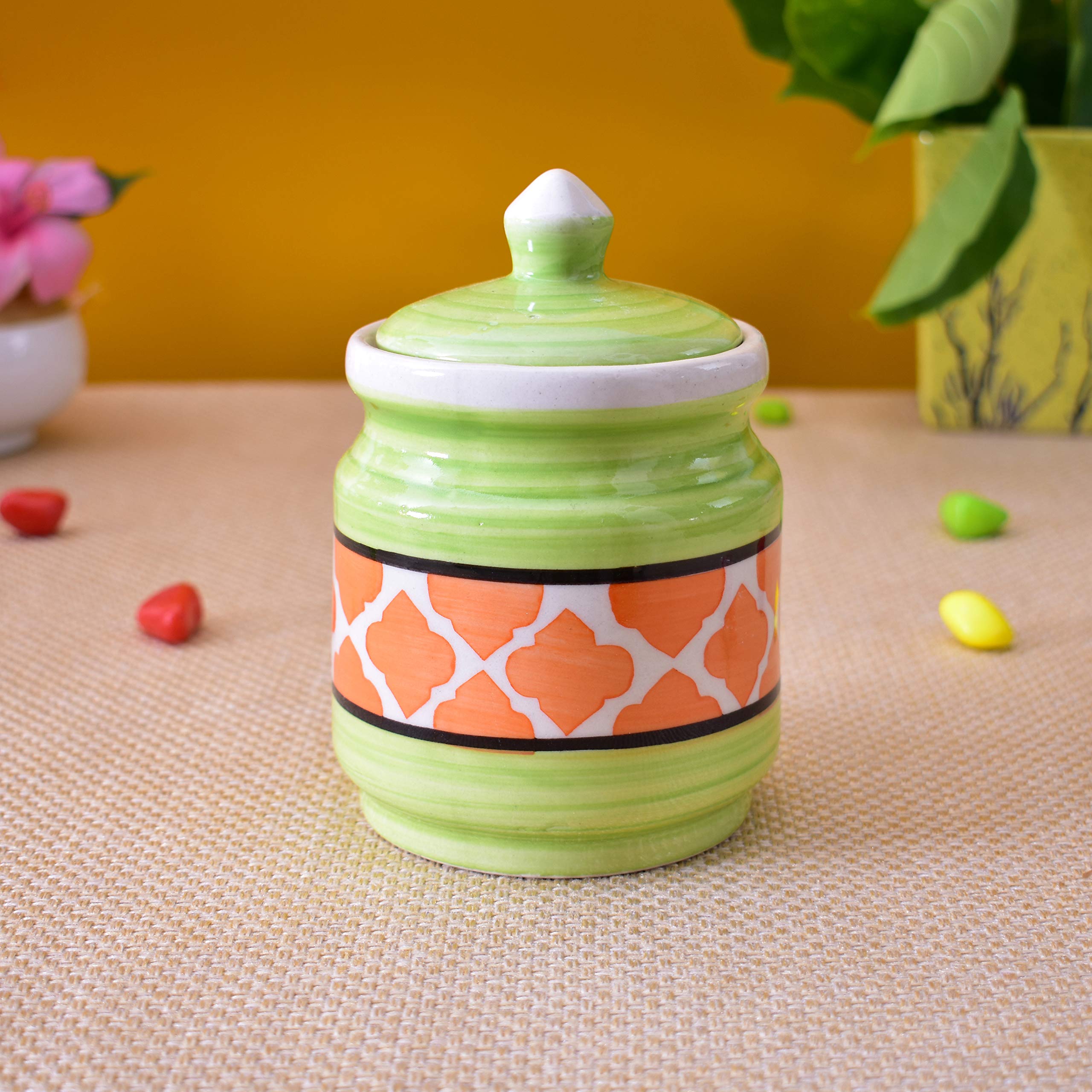 Kunhar Ceramic Jars (600ML) – Handcrafted Multipurpose Barni with Lid for Pickle, Chutney, Spices, Salt, Sugar – Kitchen Storage Containers, Green Orange