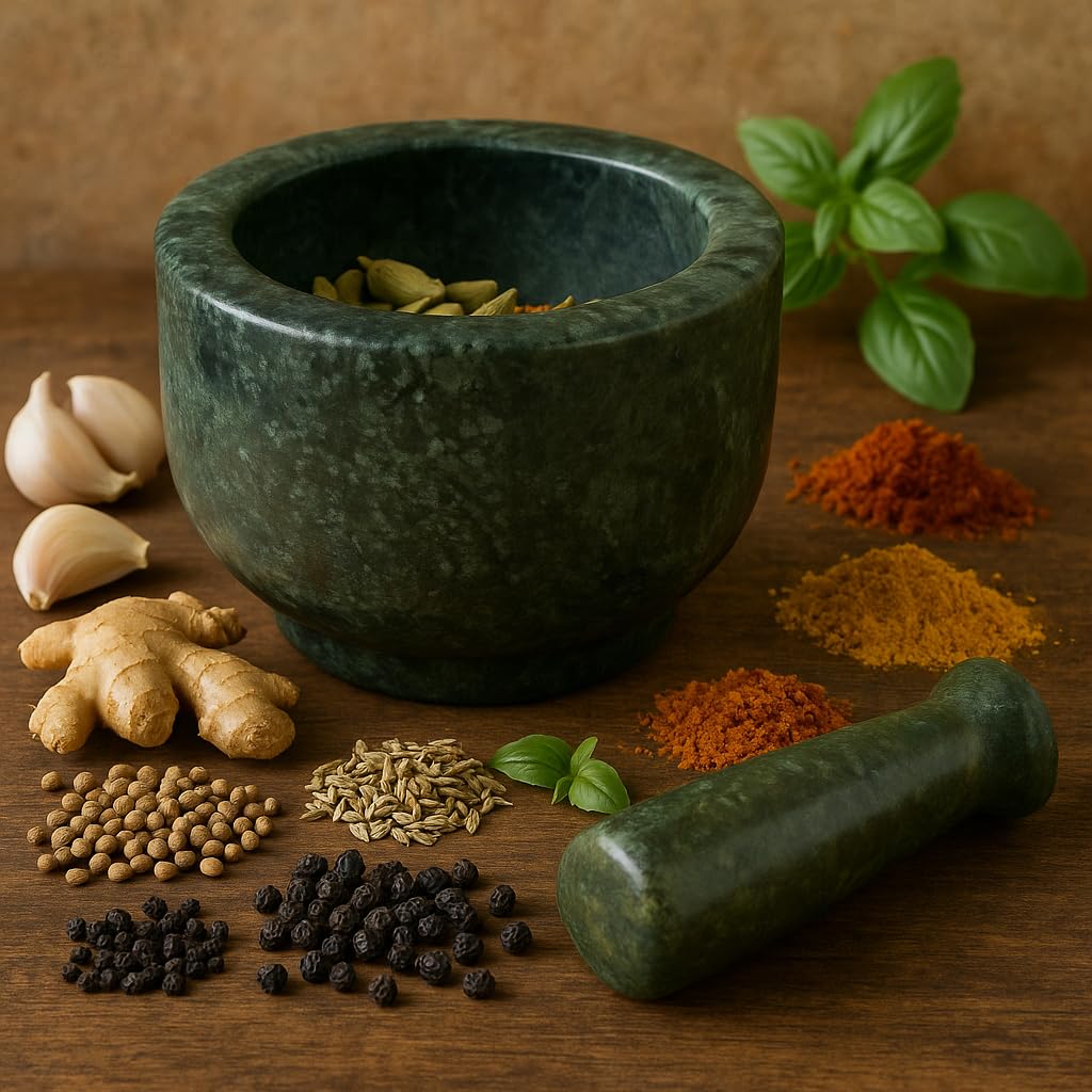 KunhaR Natural Green Marble Mortar and Pestle Set, Imam Dasta, Ohkli Musal, Kharal - 4 x 2.5 Inches, Green, (Full Polish)