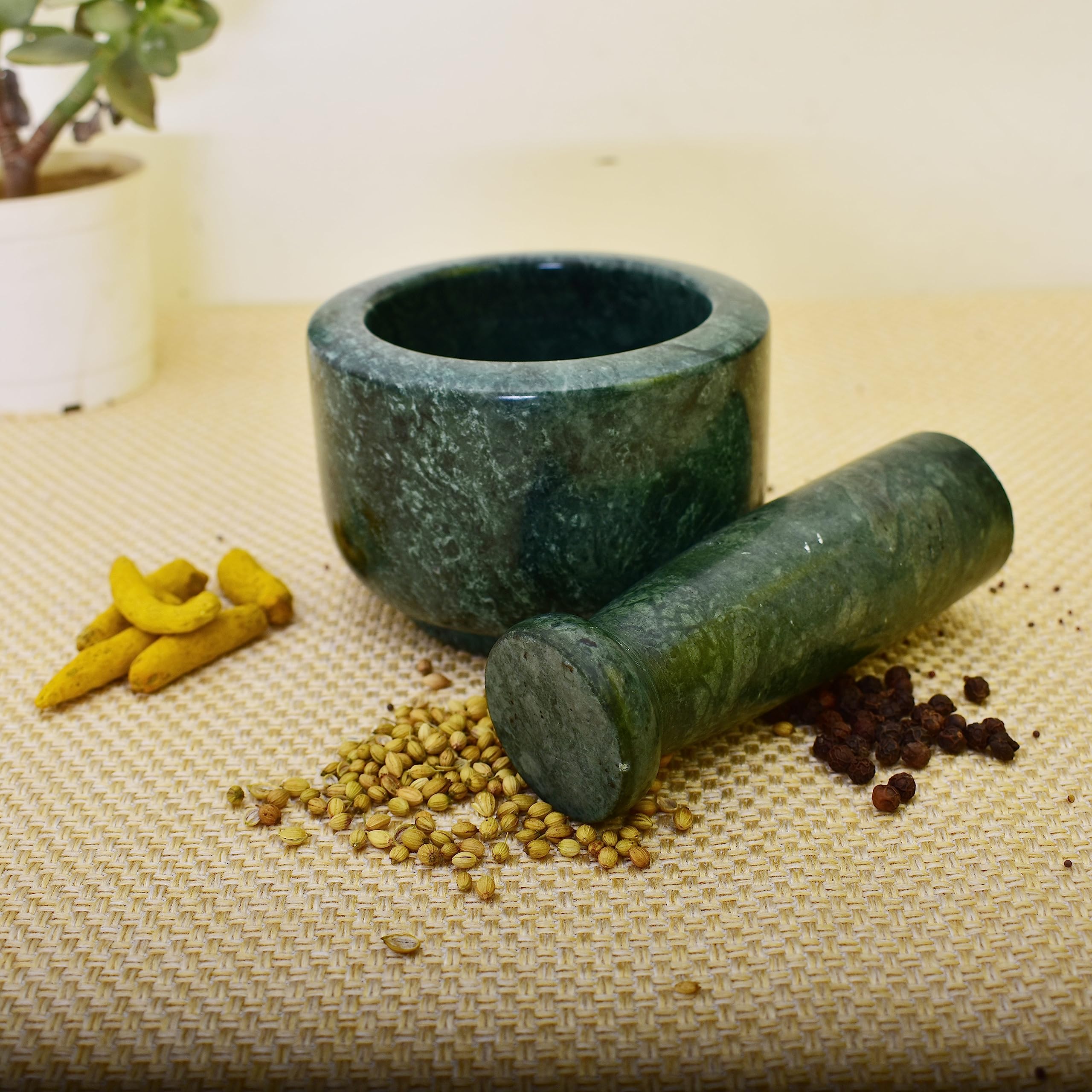 KunhaR Natural Green Marble Mortar and Pestle Set, Imam Dasta, Ohkli Musal, Kharal - 4 x 2.5 Inches, Green, (Full Polish)