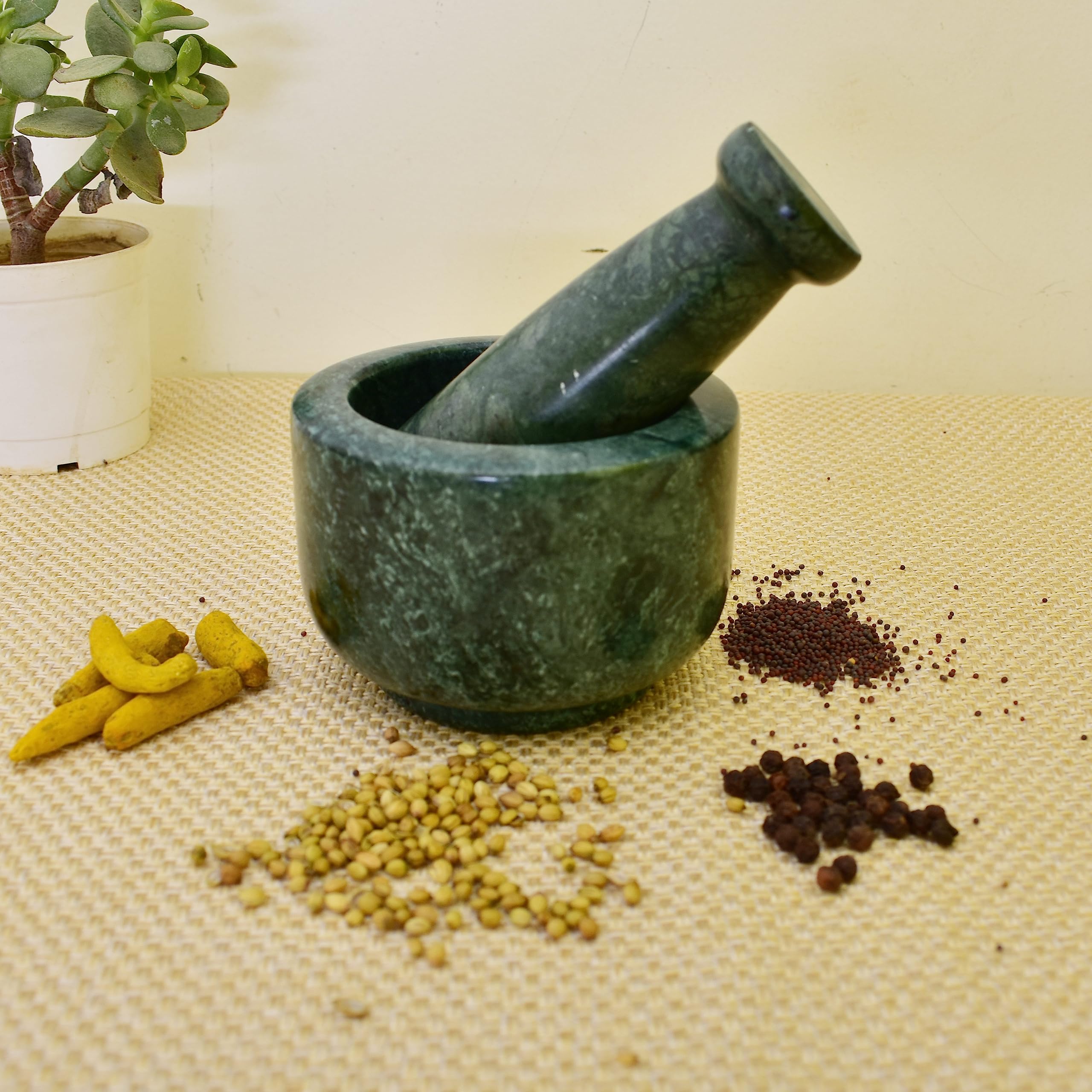 KunhaR Natural Green Marble Mortar and Pestle Set, Imam Dasta, Ohkli Musal, Kharal - 4 x 2.5 Inches, Green, (Full Polish)