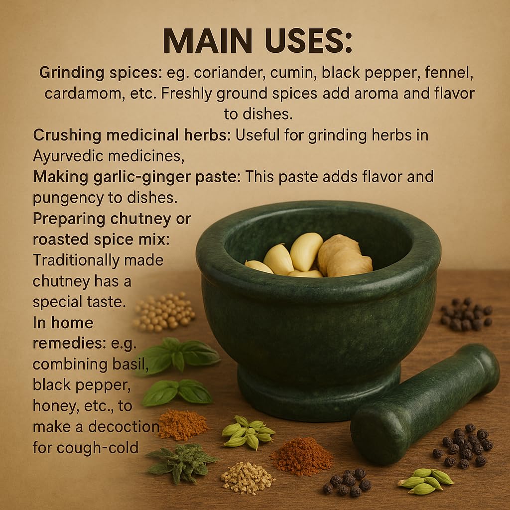 KunhaR Natural Green Marble Mortar and Pestle Set, Imam Dasta, Ohkli Musal, Kharal - 4 x 2.5 Inches, Green, (Full Polish)